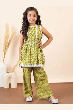 Stylo Bug Girls Floral Printed Regular Pure Cotton Kurti With Palazzos