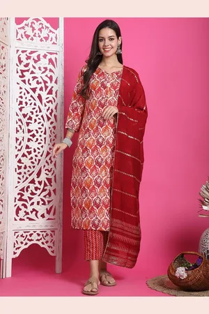 Rajnandini Ethnic Motifs Printed V Neck Straight Kurta With Trousers & With Dupatta