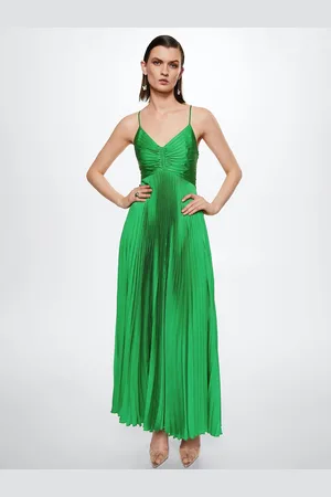 MANGO Green Solid Ruched Accordion Pleated Styled Back Maxi Dress