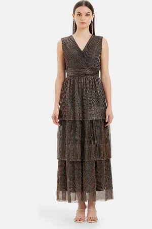 Kazo Self Design V-Neck Sleeveless Satin Fit & Flare Layered Maxi Dress