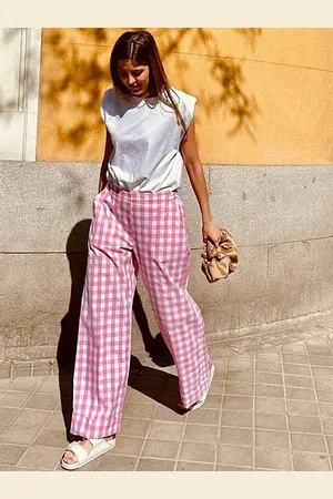LULU & SKY Women Checked Straight Fit High-Rise Chinos Trousers