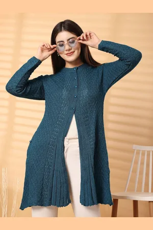 Clora Creation Women Cable Knit Woollen Longline Cardigan with Embellished Detail
