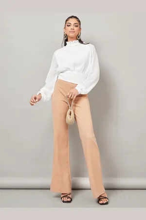 Styli White High Neck Cuffed Sleeves Blouson Top