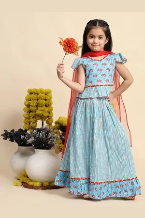 Cutiekins Girls Floral Printed Cotton Gotta Patti Ready to Wear Lehenga & Blouse & Dupatta