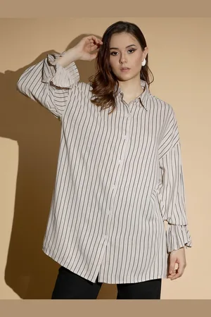 KOTTY Women Spread Collar Vertical Striped Cotton Oversized Casual Shirt