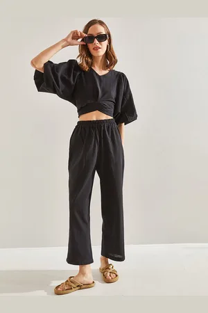 Bianco Lucci Puffed Sleeves Crop Top With Trouser