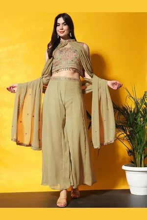 Chhabra 555 Embroidered Co-Ord Set with Tassled Crop Top & Jasmine Inspired Cape Sleeves