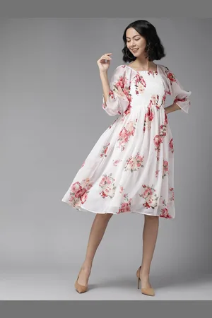 BAESD Women Floral Printed Bell Sleeve Fit & Flare Knee Length Dress