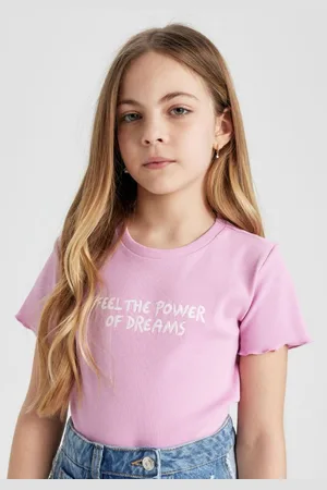 DeFacto Girls Typography Printed Round Neck Cotton T-shirt