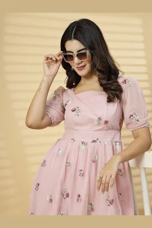 RAASSIO Floral Embroidered Puff Sleeve Net A-Line Midi Dress