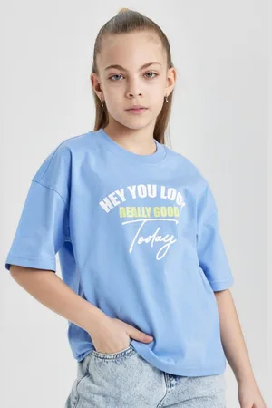 DeFacto Girls Typography Printed Round Neck Cotton T-shirt