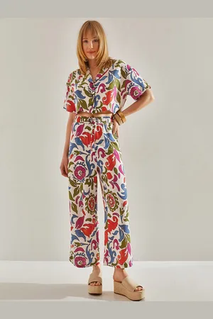 Bianco Lucci Printed Pure Cotton Shirt Collar Top With Trousers