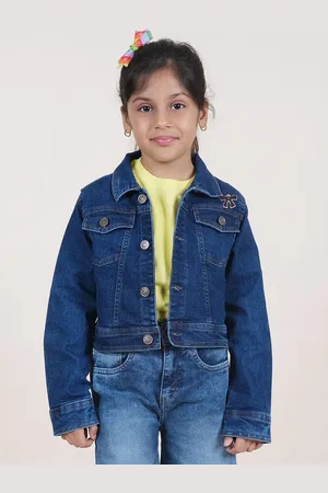 KiddoPanti Girls Solid Denim Jacket with Patchwork