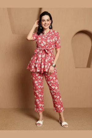 Sangria Printed Pure Cotton Top With Trouser Co-Ords
