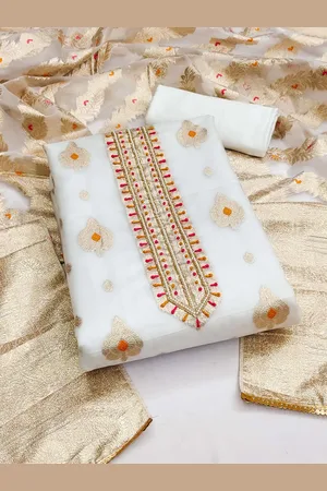 KIMISHA Ethnic Motifs Woven Design Beads and Stones Organza Unstitched Dress Material
