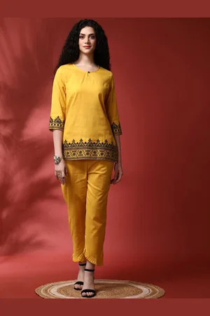 Anouk Mustard Yellow Floral Embroidered Pure Cotton Top With Trousers