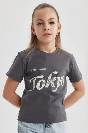 DeFacto Girls Typography Printed Round Neck Cotton T-shirt