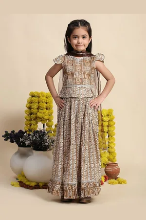 Cutiekins Girls Floral Printed Cotton Gotta Patti Ready to Wear Lehenga & Blouse & Dupatta