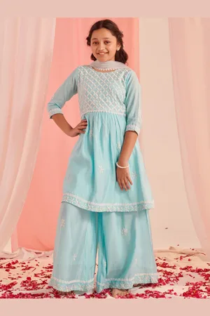 pspeaches Girls Ethnic Motifs Embroidered Thread Work Kurta with Sharara & Dupatta