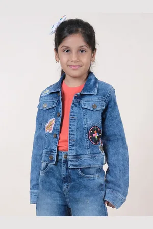 KiddoPanti Girls Washed Denim Jacket with Patchwork