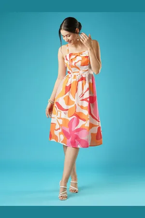 Globus Floral Print Square Neck Shoulder Straps Bow Design Panelled Fit & Flare Midi Dress