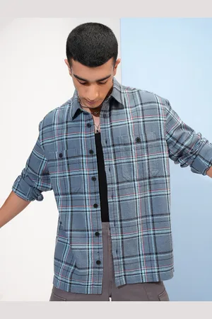 Highlander Men Oversized Textured Dobby Checked Utility Pocket Overshirt