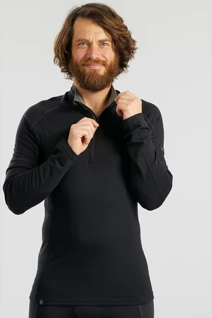 DECATHLON Men Solid Black Merino Wool Odourless Half Zip T-Shirt