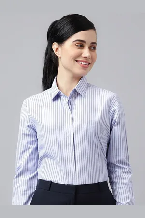 English Navy Women Spread Collar Vertical Striped Wrinkle Resistant Formal Shirt