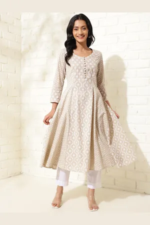 Fabindia Geometric Printed Square Neck Three-Quarter Sleeves Cotton Kurta