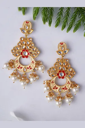 Adwitiya Collection Gold-Plated Stone Studded Meenakari Classic Drop Earrings