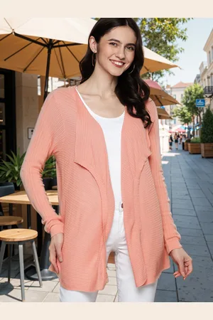 Mast & Harbour Women Peach-Coloured Textured Acrylic Front-Open Sweater