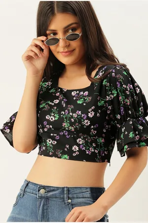 Berrylush Black Floral Printed Crepe Regular Crop Top