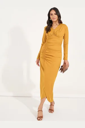 Styli Women Solid Round Neck Gathered Detail Bodycon Maxi Dress