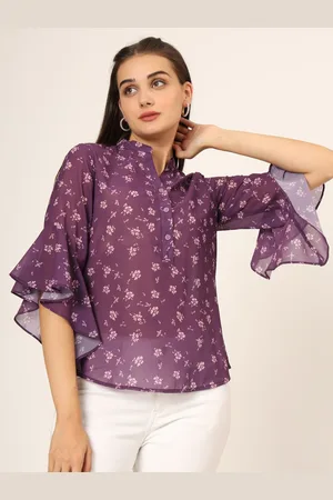CHARMGAL Floral Print Mandarin Collar Bell Sleeve Top