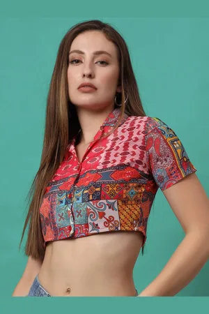 CHARMGAL Floral Print Ethnic Georgette Shirt Style Crop Top