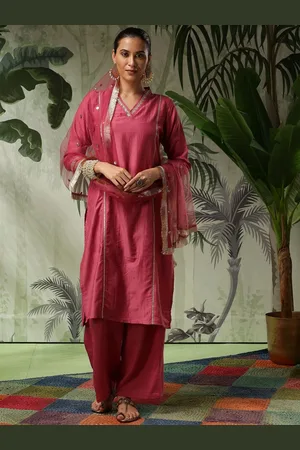 Bani Women Floral Embroidered Gotta Patti Pakistani Style Kurta & Palazzo & Dupatta