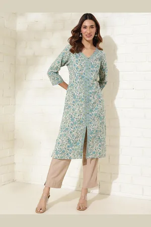 Fabindia Floral Printed V-Neck Cotton Straight Kurta