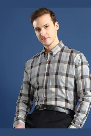HANCOCK Men Button-Down Collar Windowpane Checked Cotton Slim Fit Formal Shirt