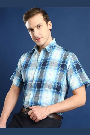 HANCOCK Men Standard Spread Collar Windowpane Checked Cotton Slim Fit Formal Shirt