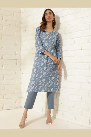 Fabindia Floral Printed Regular Pure Cotton Straight Kurta with Trousers