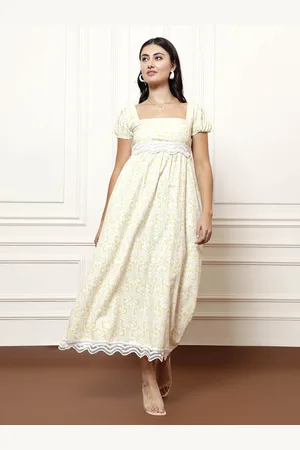 ATHENA Women Floral Printed Puff Sleeve A-Line Midi Dress