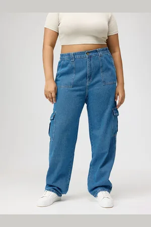 FREAKINS Plus Size Women Straight Fit High-Rise Cotton Cargo Jeans