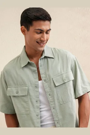 LocoMotive Premium Men Sage Mocklino Dobby Solid Utility Pocket Oversized Overshirt