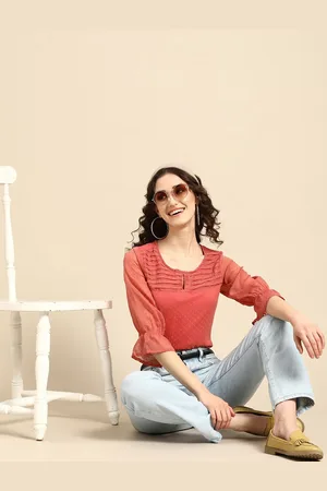 all about you Women Self Design Keyhole Neck Top