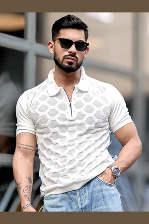 Maniac Men Self Design Polo Collar Cotton Slim Fit T-shirt