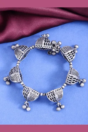 Yellow Chimes Silver-Plated Oxidized Boho Latkan Jhumki Bangle