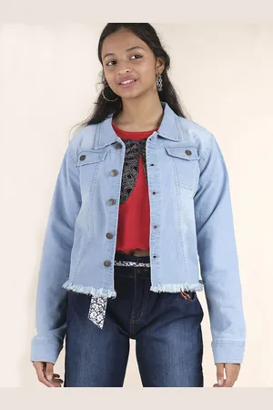 KiddoPanti Girls Washed Denim Jacket with Patchwork