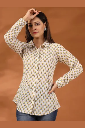 Jaipur Off White & Yellow Standard Ethnic Motifs Printed Lurex Casual Cotton Shirt