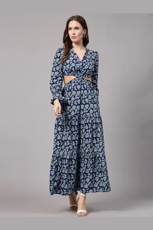 Aayu Floral Printed Cuffed Long Sleeve Crepe Fit & Flare Maxi Dress