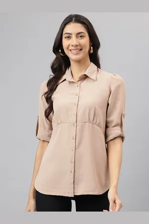 Latin Quarters Women Spread Collar Roll-Up Sleeves Opaque Casual Shirt